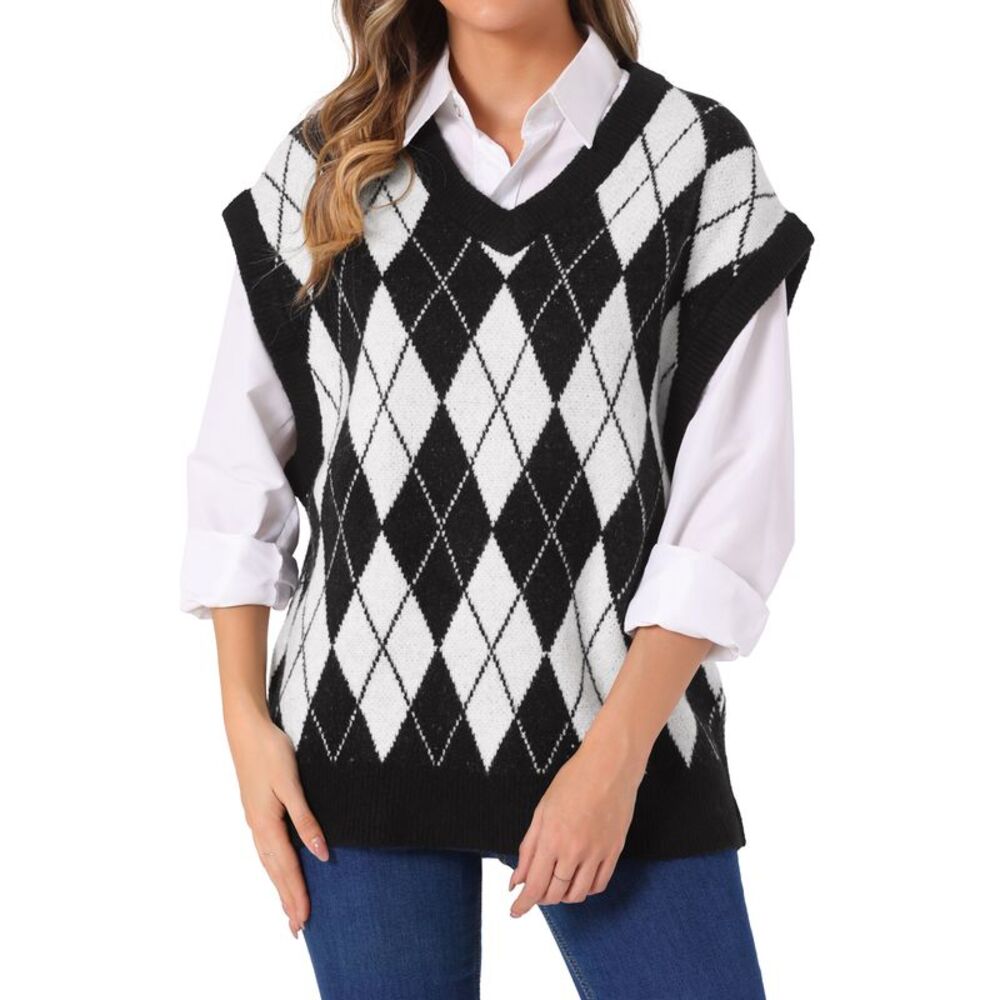 Contrast Color Vest Sleeveless Knit Loose Pullover Sweater Tops Black